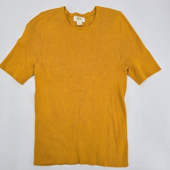 Anthropologie Maeve Josefa Ribbed Top In Honey Gold Short Sleeve Size Large - Picture 2 of 5